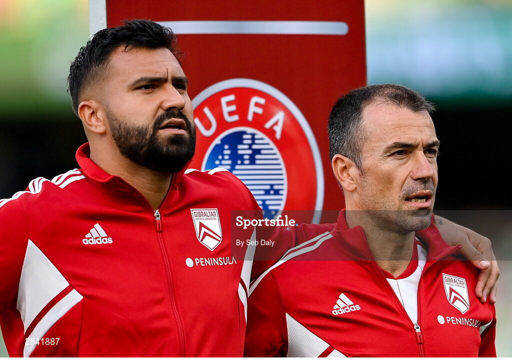 19 June 2023; Gibraltar captain Roy Chipolina, right, and goalkeeper Dayle Coleing before the UEFA EURO 2024 Championship qualifying group B match between Republic of Ireland and Gibraltar at the Aviva Stadium in Dublin. Photo by Seb Daly/Sportsfile