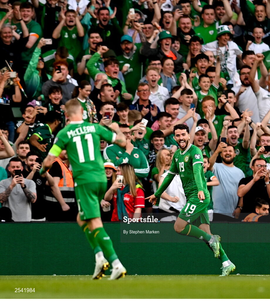 19 June 2023; Mikey Johnston of Republic of Ireland celebrates after scoring his side's first goal with James McClean during the UEFA EURO 2024 Championship qualifying group B match between Republic of Ireland and Gibraltar at the Aviva Stadium in Dublin. Photo by Stephen Marken/Sportsfile