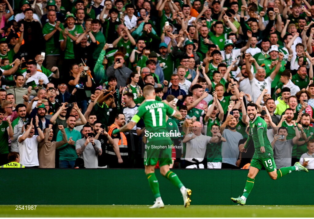 19 June 2023; Mikey Johnston of Republic of Ireland celebrates after scoring his side's first goal with James McClean during the UEFA EURO 2024 Championship qualifying group B match between Republic of Ireland and Gibraltar at the Aviva Stadium in Dublin. Photo by Stephen Marken/Sportsfile