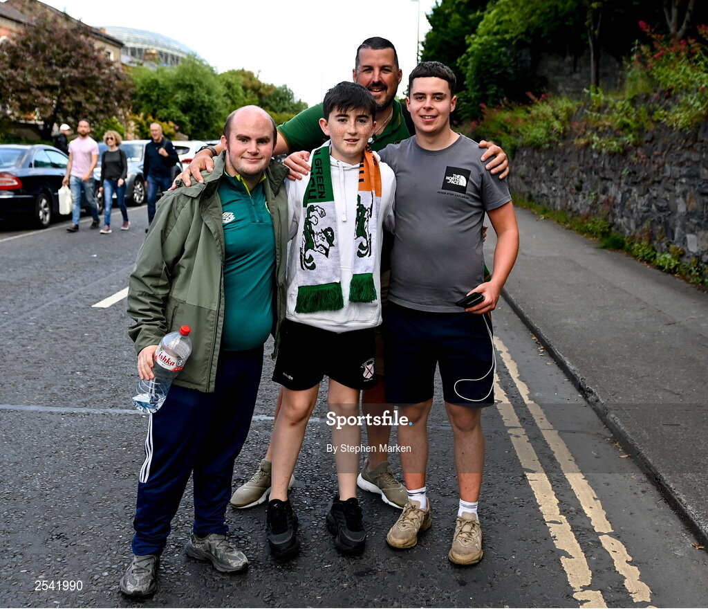 19 June 2023; Cian Costello, Tommy Minnock, Cian O'Mahoney and Chris Hanney before the UEFA EURO 2024 Championship qualifying group B match between Republic of Ireland and Gibraltar at the Aviva Stadium in Dublin. Photo by Stephen Marken/Sportsfile