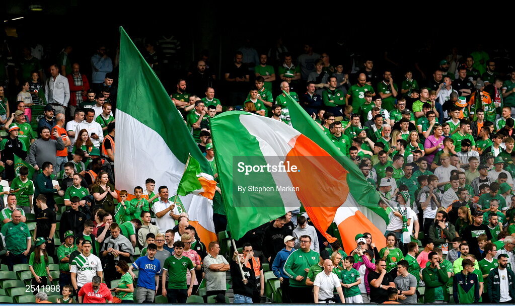 19 June 2023; Republic of Ireland supporters before the UEFA EURO 2024 Championship qualifying group B match between Republic of Ireland and Gibraltar at the Aviva Stadium in Dublin. Photo by Stephen Marken/Sportsfile