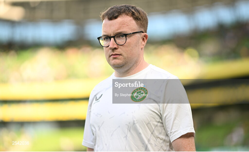 19 June 2023; Republic of Ireland's STATSports analyst Andrew Morrissey before the UEFA EURO 2024 Championship qualifying group B match between Republic of Ireland and Gibraltar at the Aviva Stadium in Dublin. Photo by Stephen McCarthy/Sportsfile