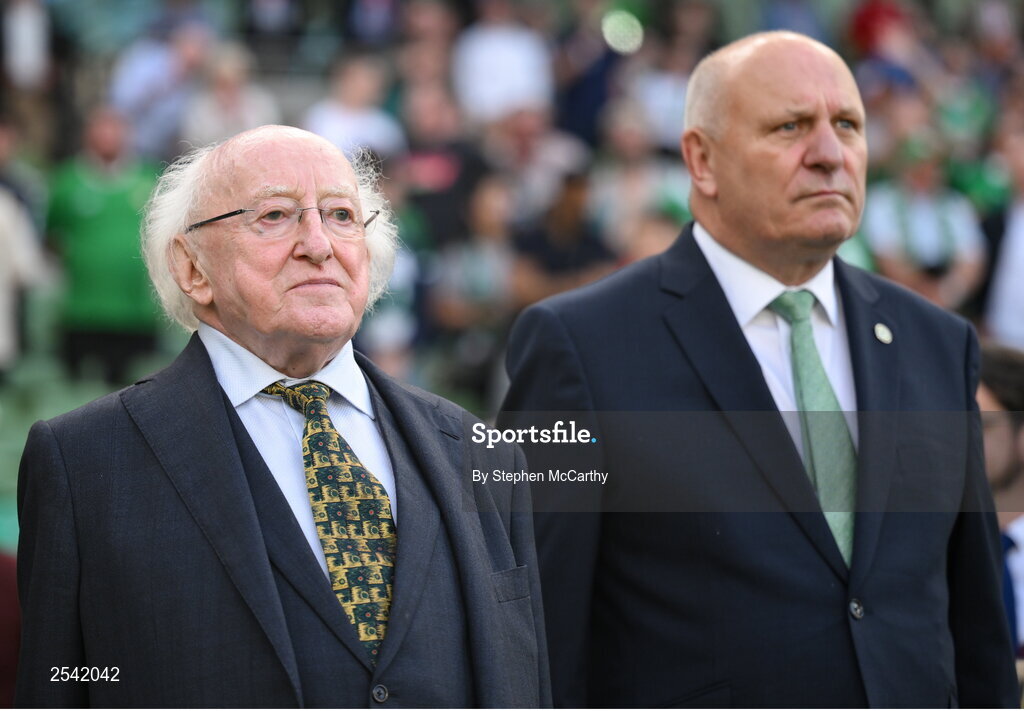 19 June 2023; President of Ireland Michael D Higgins, left, and FAI President Gerry McAnaney before the UEFA EURO 2024 Championship qualifying group B match between Republic of Ireland and Gibraltar at the Aviva Stadium in Dublin. Photo by Stephen McCarthy/Sportsfile