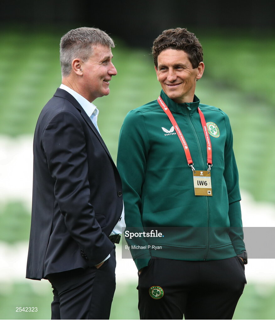 19 June 2023; Republic of Ireland manager Stephen Kenny, left, with coach Keith Andrews before the UEFA EURO 2024 Championship qualifying group B match between Republic of Ireland and Gibraltar at the Aviva Stadium in Dublin. Photo by Michael P Ryan/Sportsfile