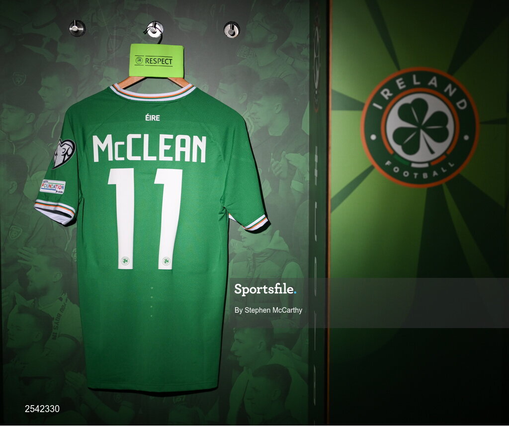 19 June 2023; The jersey of James McClean hangs in the Republic of Ireland dressing room before before the UEFA EURO 2024 Championship qualifying group B match between Republic of Ireland and Gibraltar at the Aviva Stadium in Dublin. Photo by Stephen McCarthy/Sportsfile