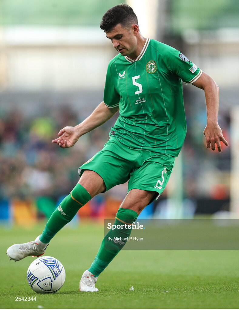 19 June 2023; John Egan of Republic of Ireland during the UEFA EURO 2024 Championship qualifying group B match between Republic of Ireland and Gibraltar at the Aviva Stadium in Dublin. Photo by Michael P Ryan/Sportsfile