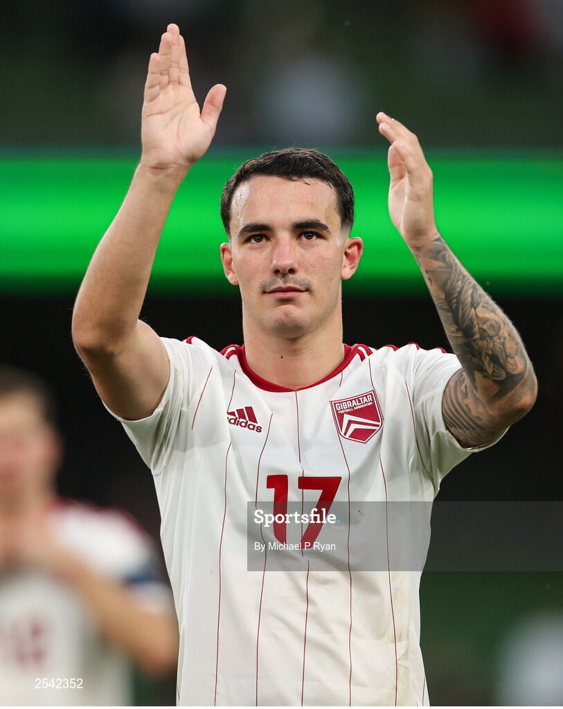 19 June 2023; Kian Ronan of Gibraltar after the UEFA EURO 2024 Championship qualifying group B match between Republic of Ireland and Gibraltar at the Aviva Stadium in Dublin. Photo by Michael P Ryan/Sportsfile