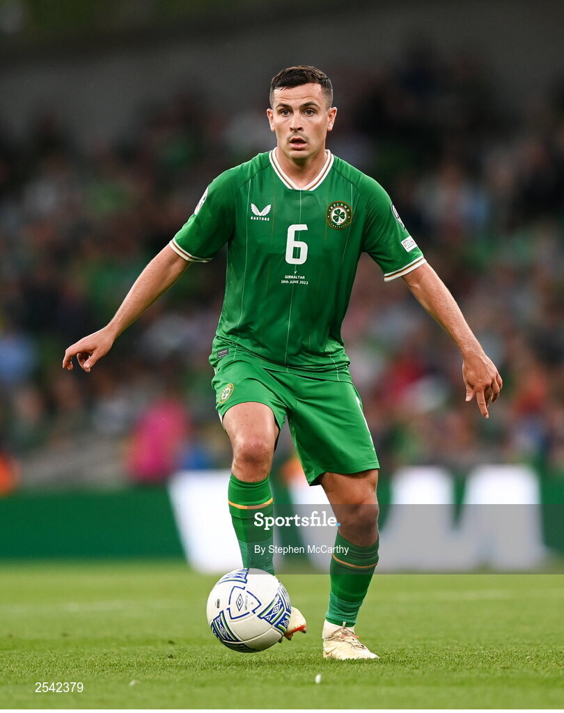 19 June 2023; Josh Cullen of Republic of Ireland during the UEFA EURO 2024 Championship qualifying group B match between Republic of Ireland and Gibraltar at the Aviva Stadium in Dublin. Photo by Stephen McCarthy/Sportsfile