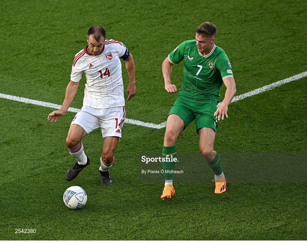 19 June 2023; Roy Chipolina of Gibraltar in action against Evan Ferguson of Republic of Ireland during the UEFA EURO 2024 Championship qualifying group B match between Republic of Ireland and Gibraltar at the Aviva Stadium in Dublin. Photo by Piaras Ó Mídheach/Sportsfile