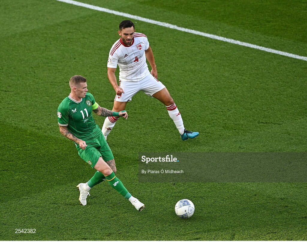 19 June 2023; James McClean of Republic of Ireland in action against John Sergeant of Gibraltar during the UEFA EURO 2024 Championship qualifying group B match between Republic of Ireland and Gibraltar at the Aviva Stadium in Dublin. Photo by Piaras Ó Mídheach/Sportsfile