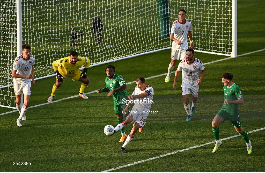 19 June 2023; Roy Chipolina of Gibraltar makes a clearance during the UEFA EURO 2024 Championship qualifying group B match between Republic of Ireland and Gibraltar at the Aviva Stadium in Dublin. Photo by Piaras Ó Mídheach/Sportsfile