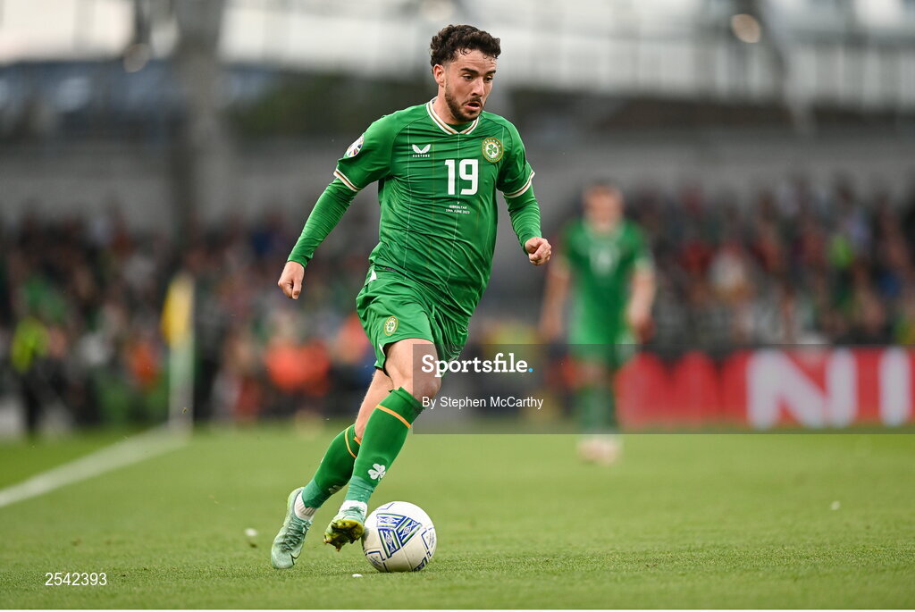 19 June 2023; Mikey Johnston of Republic of Ireland during the UEFA EURO 2024 Championship qualifying group B match between Republic of Ireland and Gibraltar at the Aviva Stadium in Dublin. Photo by Stephen McCarthy/Sportsfile