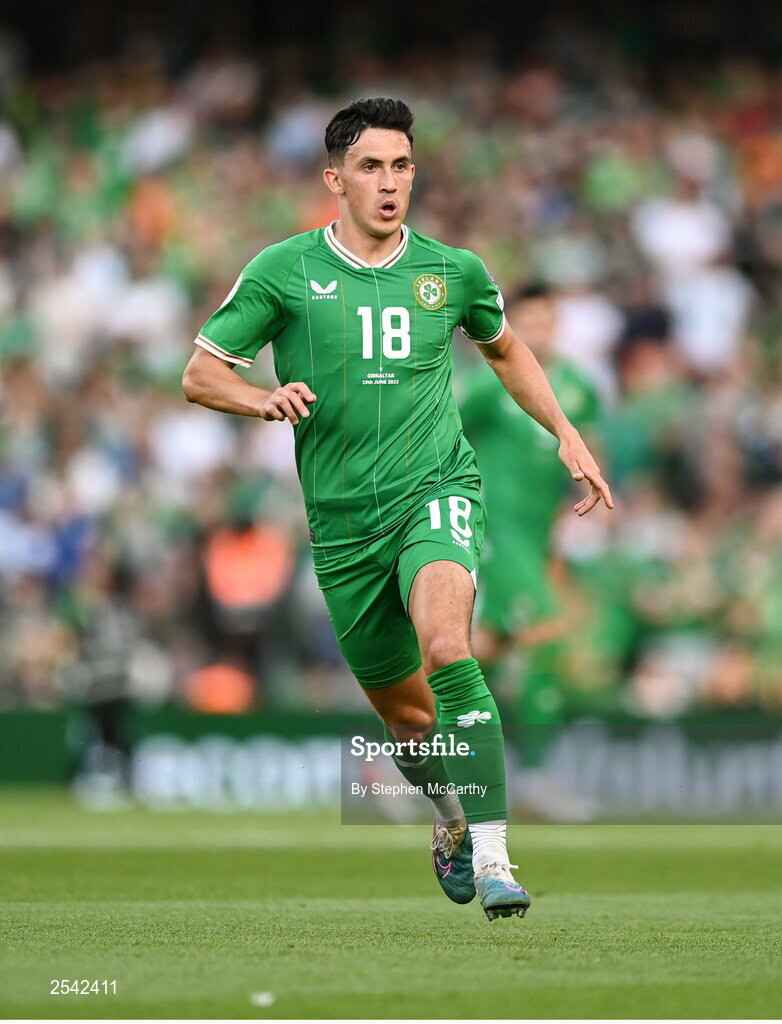 19 June 2023; Jamie McGrath of Republic of Ireland during the UEFA EURO 2024 Championship qualifying group B match between Republic of Ireland and Gibraltar at the Aviva Stadium in Dublin. Photo by Stephen McCarthy/Sportsfile