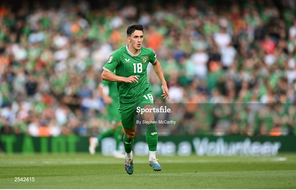19 June 2023; Jamie McGrath of Republic of Ireland during the UEFA EURO 2024 Championship qualifying group B match between Republic of Ireland and Gibraltar at the Aviva Stadium in Dublin. Photo by Stephen McCarthy/Sportsfile