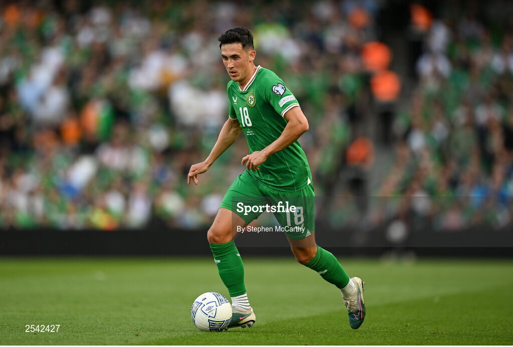19 June 2023; Jamie McGrath of Republic of Ireland during the UEFA EURO 2024 Championship qualifying group B match between Republic of Ireland and Gibraltar at the Aviva Stadium in Dublin. Photo by Stephen McCarthy/Sportsfile
