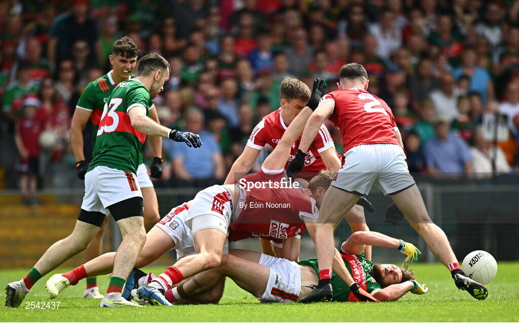 18 June 2023; Pádraig O’Hora of Mayo in action against Cork during the GAA Football All-Ireland Senior Championship Round 3 match between Cork and Mayo at TUS Gaelic Grounds in Limerick. Photo by Eóin Noonan/Sportsfile