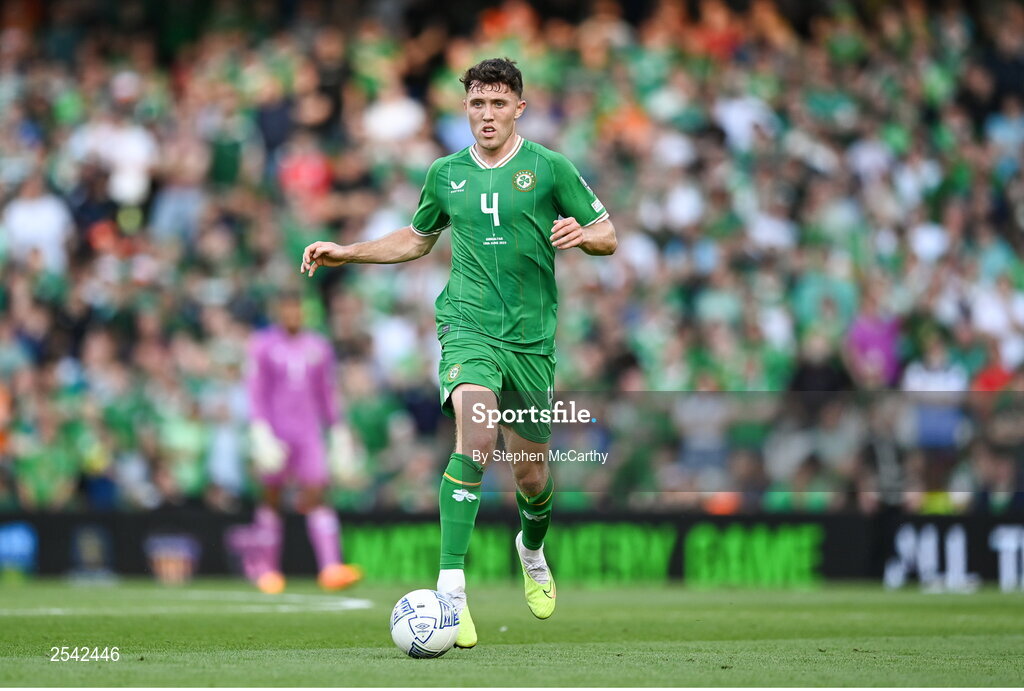 19 June 2023; Dara O'Shea of Republic of Ireland during the UEFA EURO 2024 Championship qualifying group B match between Republic of Ireland and Gibraltar at the Aviva Stadium in Dublin. Photo by Stephen McCarthy/Sportsfile