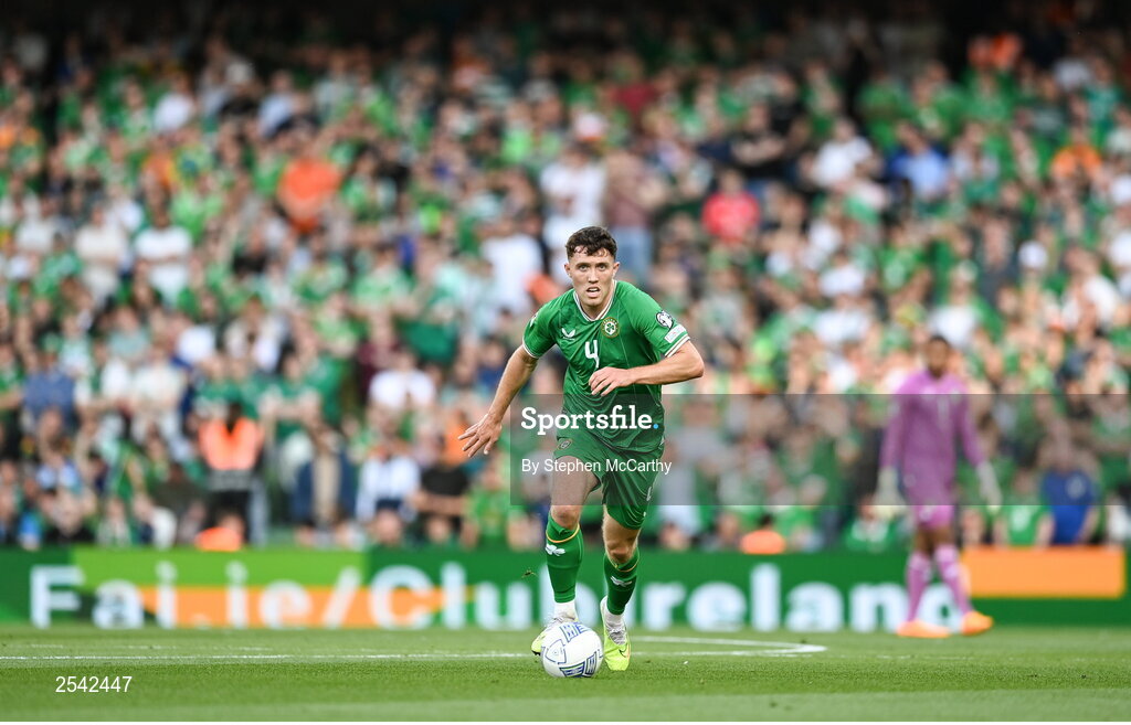 19 June 2023; Dara O'Shea of Republic of Ireland during the UEFA EURO 2024 Championship qualifying group B match between Republic of Ireland and Gibraltar at the Aviva Stadium in Dublin. Photo by Stephen McCarthy/Sportsfile