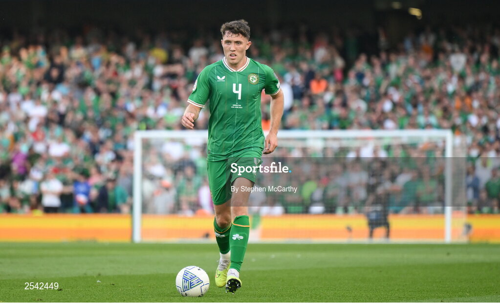 19 June 2023; Dara O'Shea of Republic of Ireland during the UEFA EURO 2024 Championship qualifying group B match between Republic of Ireland and Gibraltar at the Aviva Stadium in Dublin. Photo by Stephen McCarthy/Sportsfile