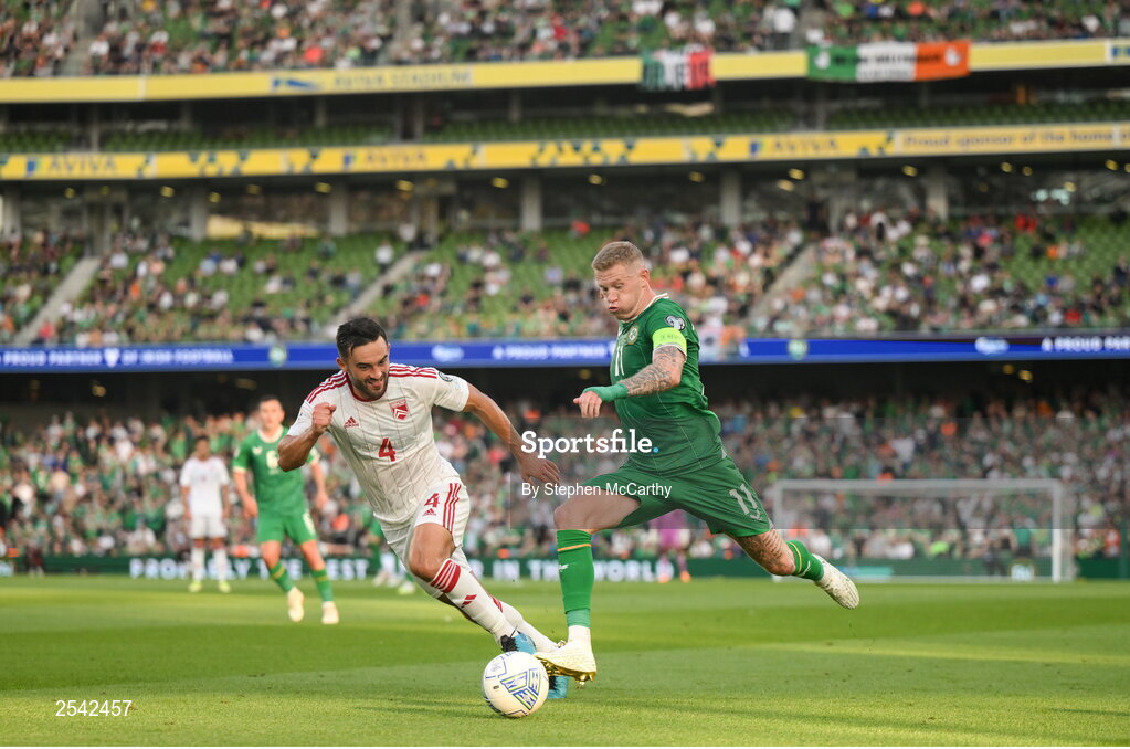 19 June 2023; James McClean of Republic of Ireland in action against John Sergeant of Gibraltar during the UEFA EURO 2024 Championship qualifying group B match between Republic of Ireland and Gibraltar at the Aviva Stadium in Dublin. Photo by Stephen McCarthy/Sportsfile