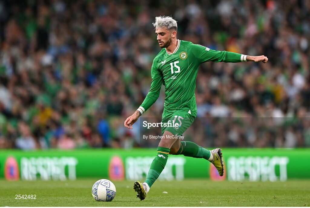 19 June 2023; Troy Parrott of Republic of Ireland during the UEFA EURO 2024 Championship qualifying group B match between Republic of Ireland and Gibraltar at the Aviva Stadium in Dublin. Photo by Stephen McCarthy/Sportsfile