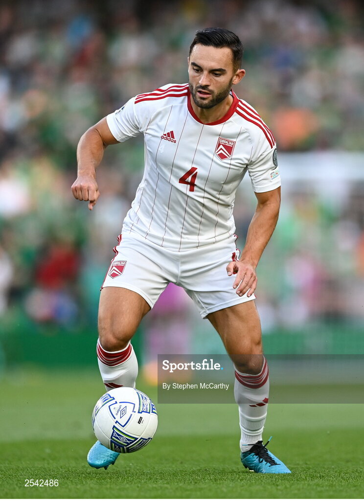 19 June 2023; John Sergeant of Gibraltar during the UEFA EURO 2024 Championship qualifying group B match between Republic of Ireland and Gibraltar at the Aviva Stadium in Dublin. Photo by Stephen McCarthy/Sportsfile