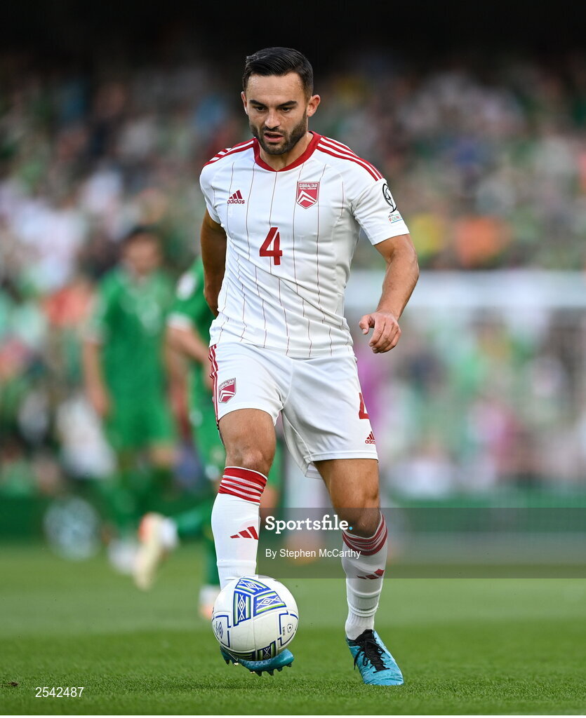 19 June 2023; John Sergeant of Gibraltar during the UEFA EURO 2024 Championship qualifying group B match between Republic of Ireland and Gibraltar at the Aviva Stadium in Dublin. Photo by Stephen McCarthy/Sportsfile