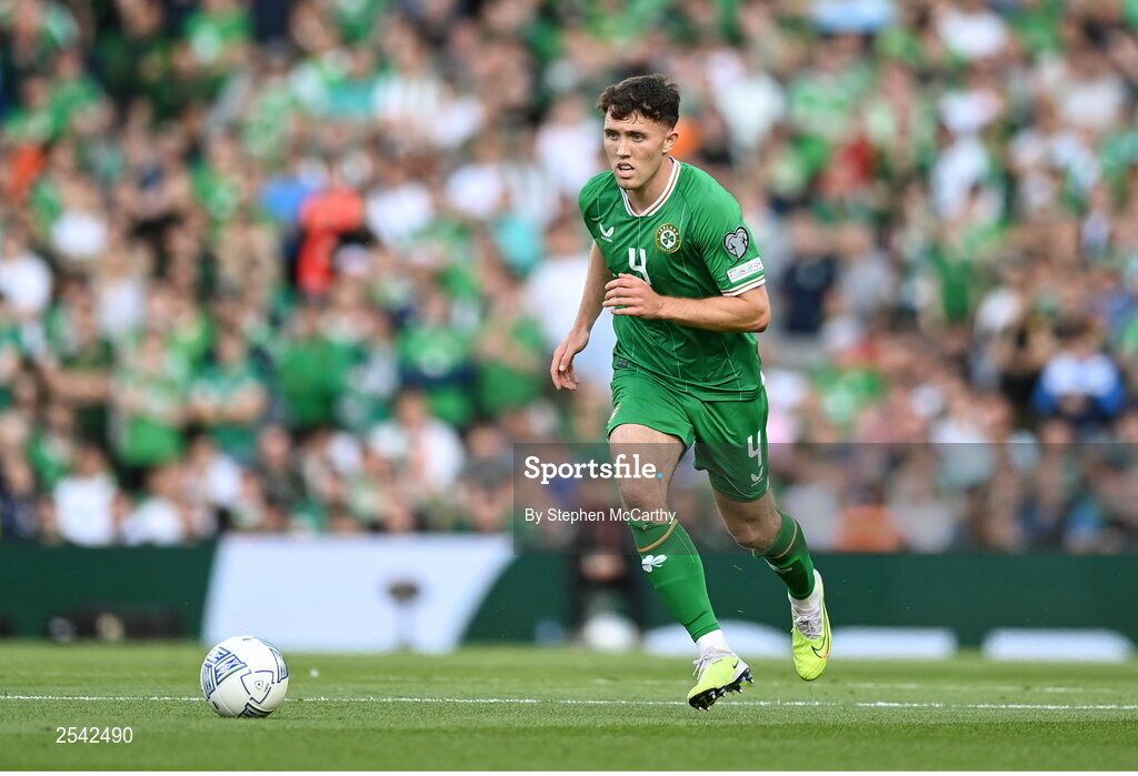 19 June 2023; Dara O'Shea of Republic of Ireland during the UEFA EURO 2024 Championship qualifying group B match between Republic of Ireland and Gibraltar at the Aviva Stadium in Dublin. Photo by Stephen McCarthy/Sportsfile