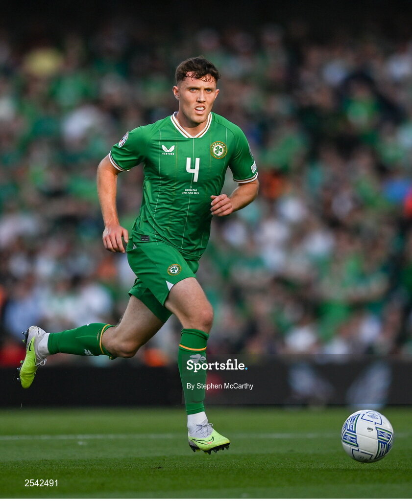 19 June 2023; Dara O'Shea of Republic of Ireland during the UEFA EURO 2024 Championship qualifying group B match between Republic of Ireland and Gibraltar at the Aviva Stadium in Dublin. Photo by Stephen McCarthy/Sportsfile