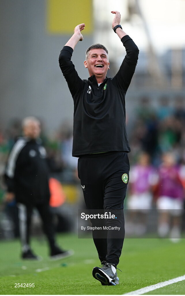 19 June 2023; Republic of Ireland manager Stephen Kenny celebrates his side's second goal scored by Evan Ferguson, not pictured, during the UEFA EURO 2024 Championship qualifying group B match between Republic of Ireland and Gibraltar at the Aviva Stadium in Dublin. Photo by Stephen McCarthy/Sportsfile