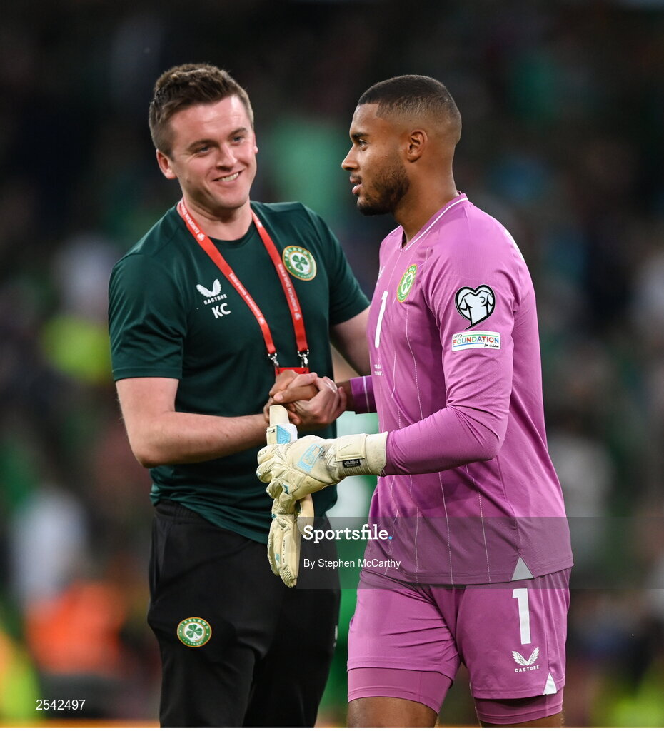 19 June 2023; Republic of Ireland goalkeeper Gavin Bazunu and Kieran Crowley, FAI communications manager, left, after the UEFA EURO 2024 Championship qualifying group B match between Republic of Ireland and Gibraltar at the Aviva Stadium in Dublin. Photo by Stephen McCarthy/Sportsfile