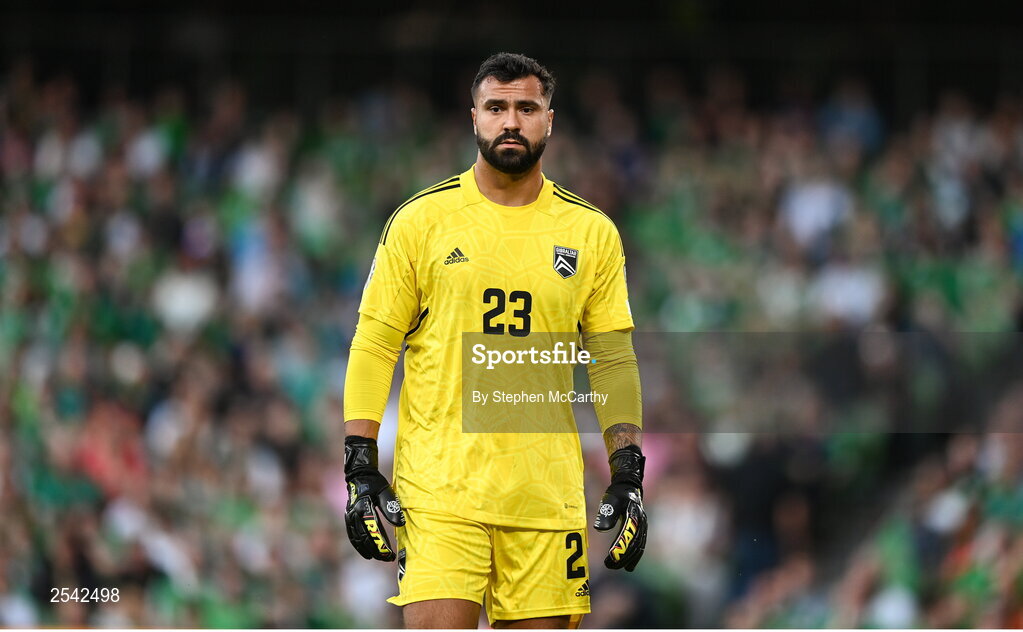19 June 2023; Gibraltar goalkeeper Dayle Coleing during the UEFA EURO 2024 Championship qualifying group B match between Republic of Ireland and Gibraltar at the Aviva Stadium in Dublin. Photo by Stephen McCarthy/Sportsfile