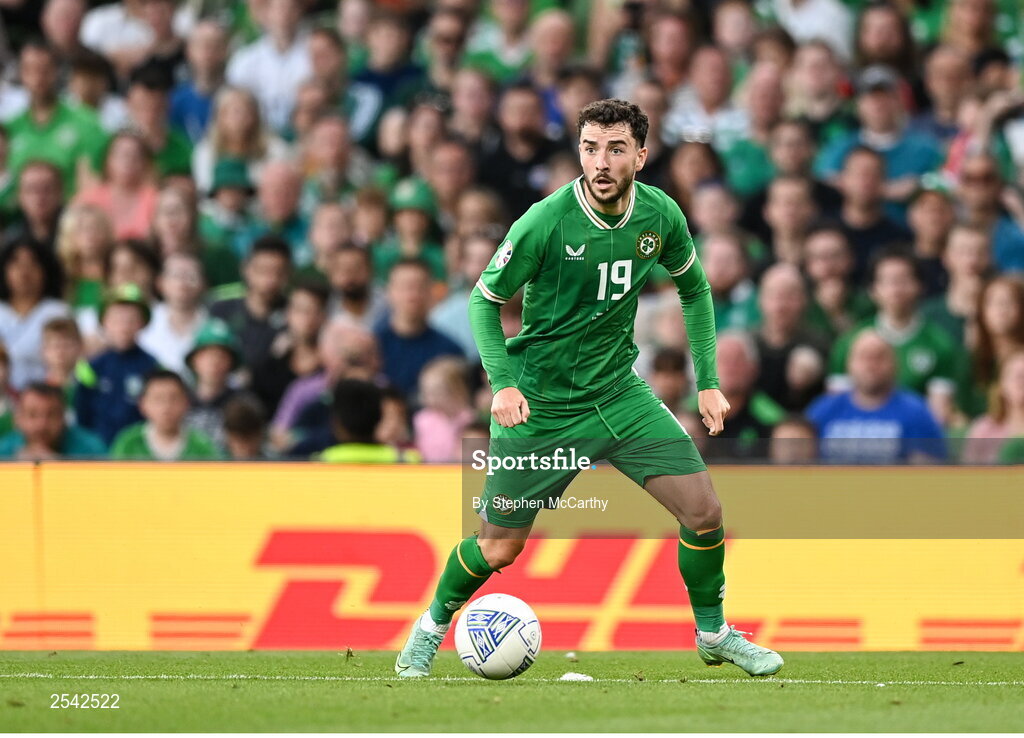 19 June 2023; Mikey Johnston of Republic of Ireland during the UEFA EURO 2024 Championship qualifying group B match between Republic of Ireland and Gibraltar at the Aviva Stadium in Dublin. Photo by Stephen McCarthy/Sportsfile