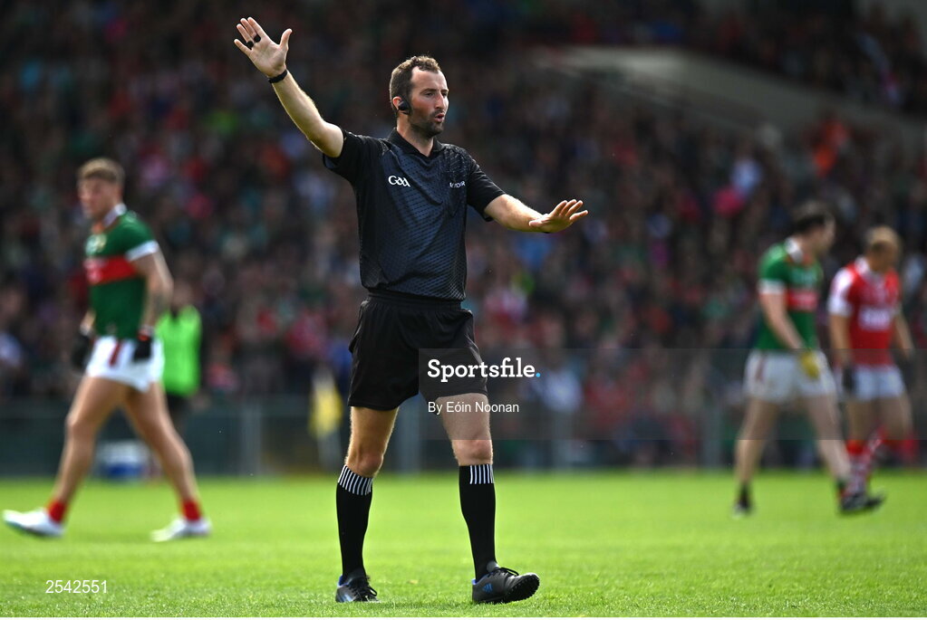 18 June 2023; Referee Paul Faloon during the GAA Football All-Ireland Senior Championship Round 3 match between Cork and Mayo at TUS Gaelic Grounds in Limerick. Photo by Eóin Noonan/Sportsfile