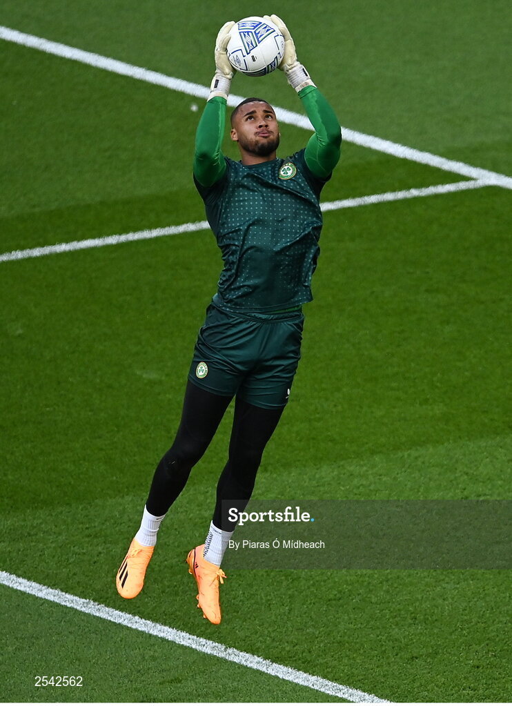 19 June 2023; Republic of Ireland goalkeeper Gavin Bazunu during the warm-up before the UEFA EURO 2024 Championship qualifying group B match between Republic of Ireland and Gibraltar at the Aviva Stadium in Dublin. Photo by Piaras Ó Mídheach/Sportsfile