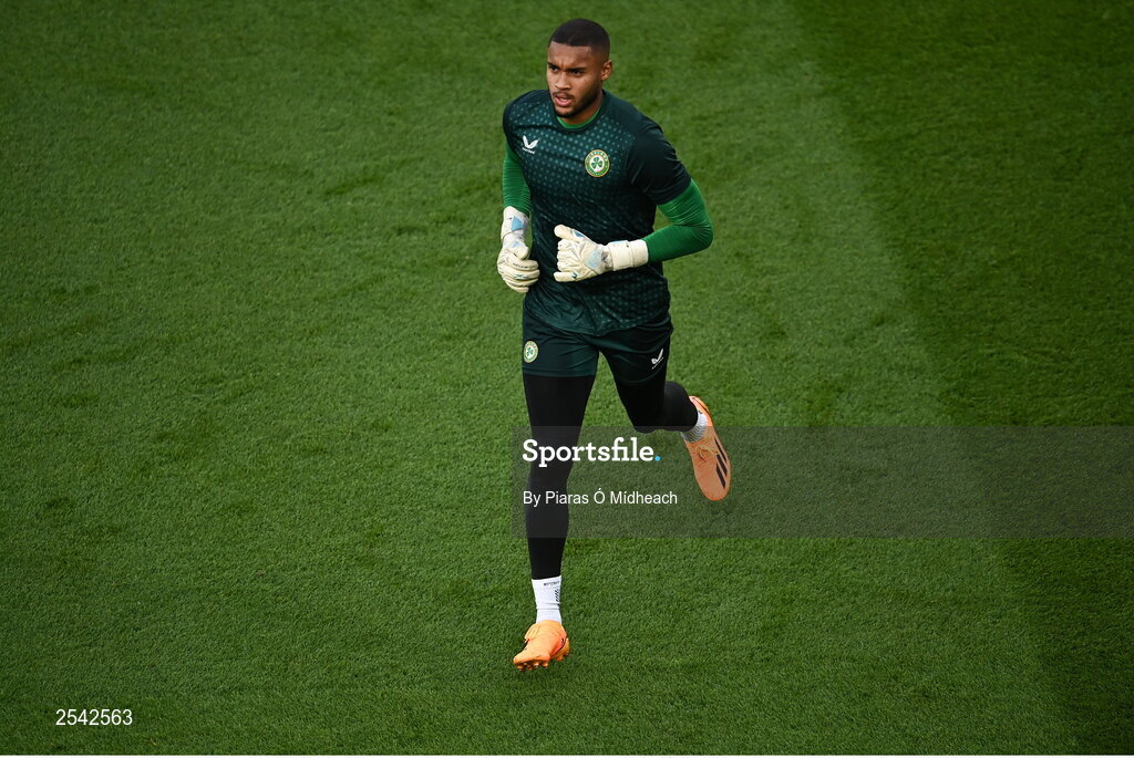 19 June 2023; Republic of Ireland goalkeeper Gavin Bazunu during the warm-up before the UEFA EURO 2024 Championship qualifying group B match between Republic of Ireland and Gibraltar at the Aviva Stadium in Dublin. Photo by Piaras Ó Mídheach/Sportsfile