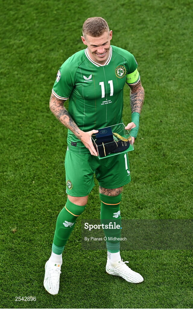 19 June 2023; James McClean of Republic of Ireland with his 100th international cap before the UEFA EURO 2024 Championship qualifying group B match between Republic of Ireland and Gibraltar at the Aviva Stadium in Dublin. Photo by Piaras Ó Mídheach/Sportsfile