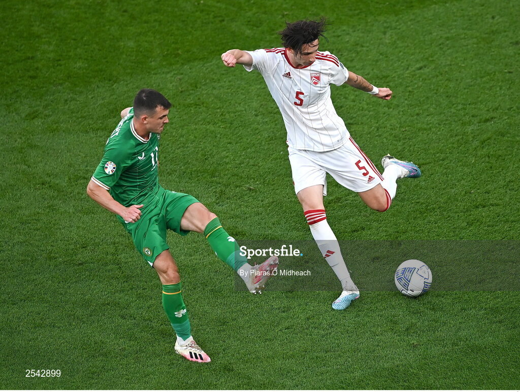 19 June 2023; Louie Annesley of Gibraltar in action against Jason Knight of Republic of Ireland during the UEFA EURO 2024 Championship qualifying group B match between Republic of Ireland and Gibraltar at the Aviva Stadium in Dublin. Photo by Piaras Ó Mídheach/Sportsfile