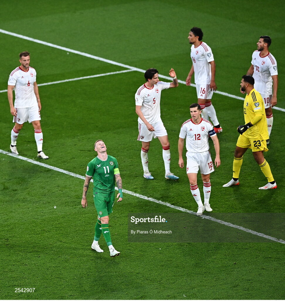 19 June 2023; James McClean of Republic of Ireland reacts after a missed chance during the UEFA EURO 2024 Championship qualifying group B match between Republic of Ireland and Gibraltar at the Aviva Stadium in Dublin. Photo by Piaras Ó Mídheach/Sportsfile