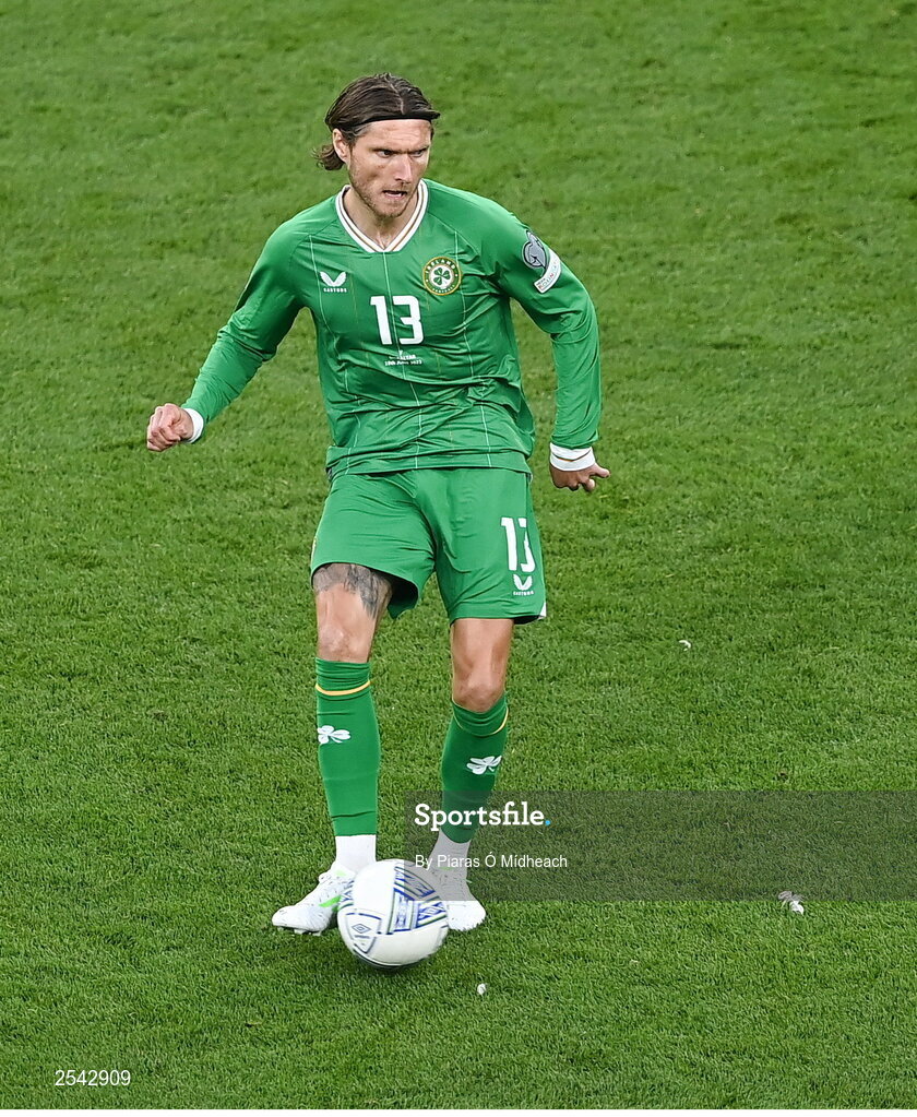 19 June 2023; Jeff Hendrick of Republic of Ireland /during the UEFA EURO 2024 Championship qualifying group B match between Republic of Ireland and Gibraltar at the Aviva Stadium in Dublin. Photo by Piaras Ó Mídheach/Sportsfile