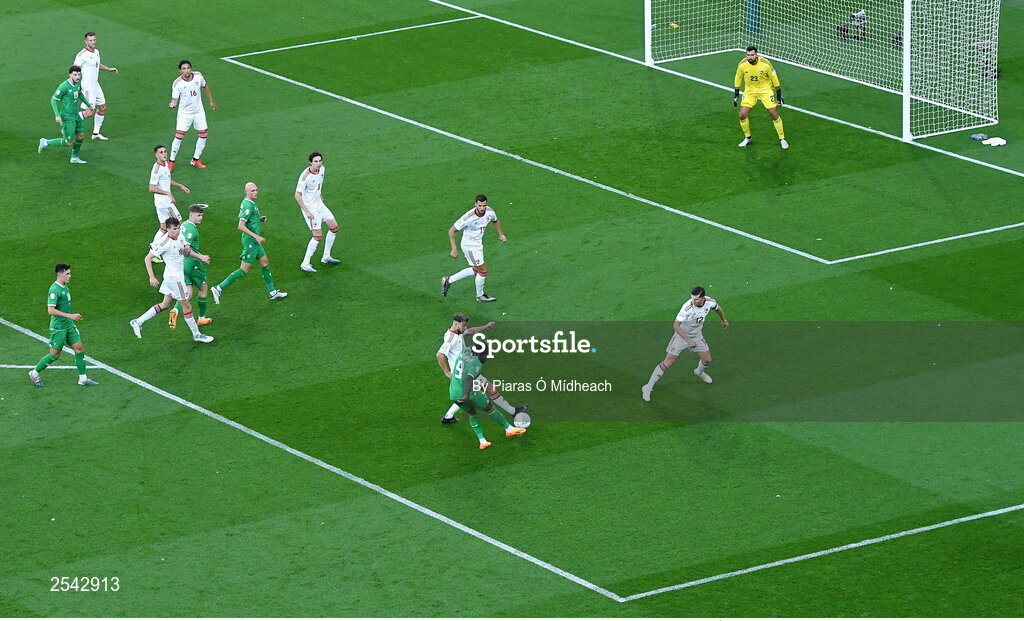 19 June 2023; Michael Obafemi of Republic of Ireland takes a shot during the UEFA EURO 2024 Championship qualifying group B match between Republic of Ireland and Gibraltar at the Aviva Stadium in Dublin. Photo by Piaras Ó Mídheach/Sportsfile