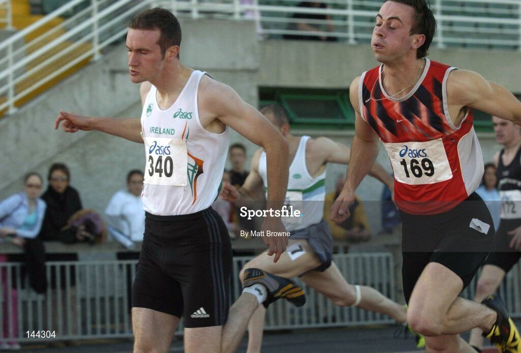 25 June 2004; Paul Hession, 340, wins the Mens 100m from Jer O'Donoghue, 169. Dublin InterBLÉ National Track & Field Games, Morton Stadium, Santry, Co. Dublin. Picture credit; Matt Browne / SPORTSFILE