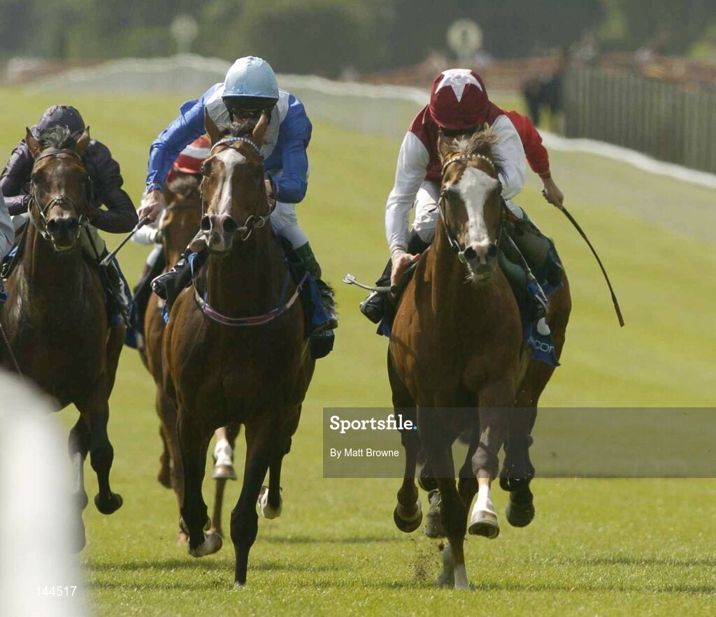 26 June 2004; Mkuzi, right, with Mick Kinane up, on their way to winning the  Betfair Curragh Cup from second place Maharid with Pat Smullen. Curragh Racecourse, Co. Kildare. Picture credit; Matt Browne / SPORTSFILE