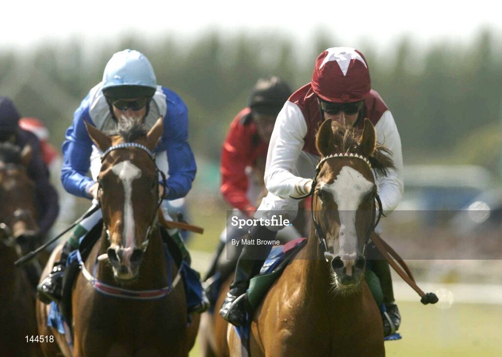 26 June 2004; Mkuzi, right, with Mick Kinane up, on their way to winning the  Betfair Curragh Cup from second place Maharib with Pat Smullen. Curragh Racecourse, Co. Kildare. Picture credit; Matt Browne / SPORTSFILE