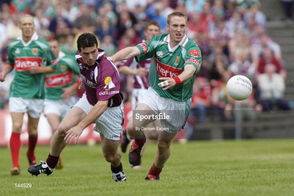 27 June 2004; David Heaney, Mayo, in action against Padraic Joyce, Galway. Bank of Ireland Connacht Senior Football Championship Semi-Final, Mayo v Galway, McHale Park, Castlebar, Co. Mayo. Picture credit; Damien Eagers / SPORTSFILE