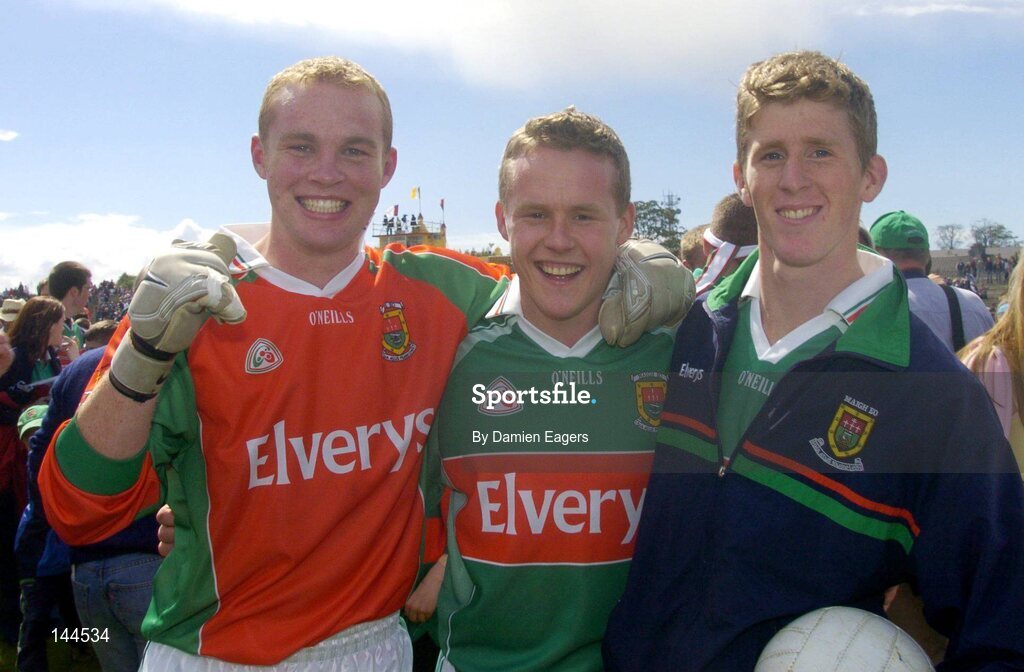 27 June 2004; Mayo players from (left to right) goalkeeper Fintan Ruddy, Liam O'Malley and Andy Moran celebrate victory over Galway. Bank of Ireland Connacht Senior Football Championship Semi-Final, Mayo v Galway, McHale Park, Castlebar, Co. Mayo. Picture credit; Damien Eagers / SPORTSFILE