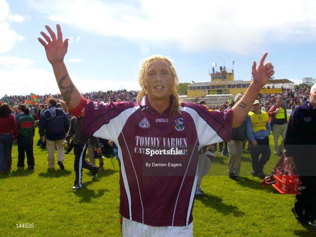 27 June 2004; Mayo's Ciaran McDonald, (wearing a Galway jersey) celebrates victory over Galway. Bank of Ireland Connacht Senior Football Championship Semi-Final, Mayo v Galway, McHale Park, Castlebar, Co. Mayo. Picture credit; Damien Eagers / SPORTSFILE