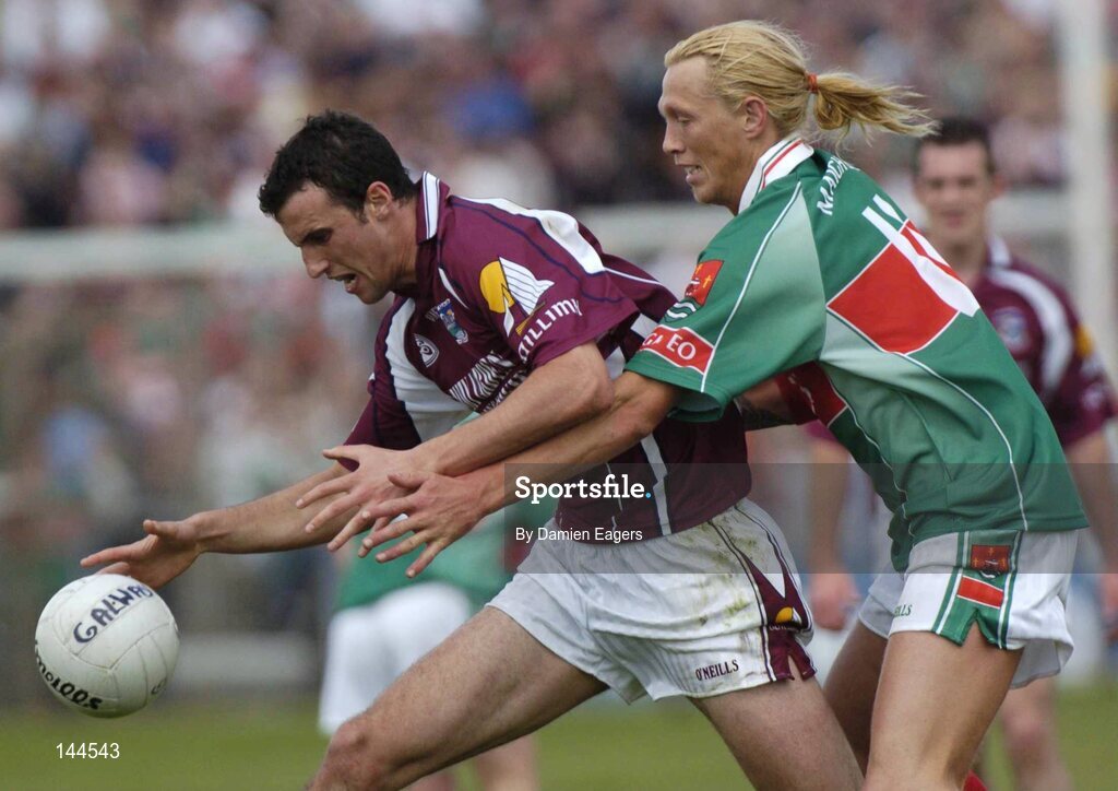 27 June 2004; Joe Bergin, Galway, in action against Ciaran McDonald, Mayo. Bank of Ireland Connacht Senior Football Championship Semi-Final, Mayo v Galway, McHale Park, Castlebar, Co. Mayo. Picture credit; Damien Eagers / SPORTSFILE