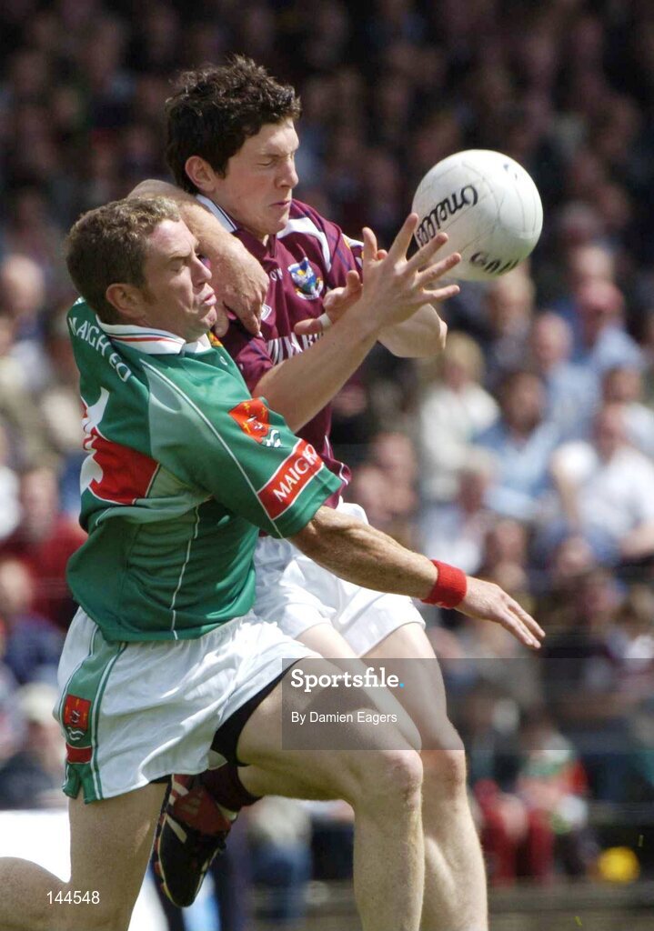 27 June 2004; Michael Meehan, Galway, in action against Gary Ruane, Mayo. Bank of Ireland Connacht Senior Football Championship Semi-Final, Mayo v Galway, McHale Park, Castlebar, Co. Mayo. Picture credit; Damien Eagers / SPORTSFILE