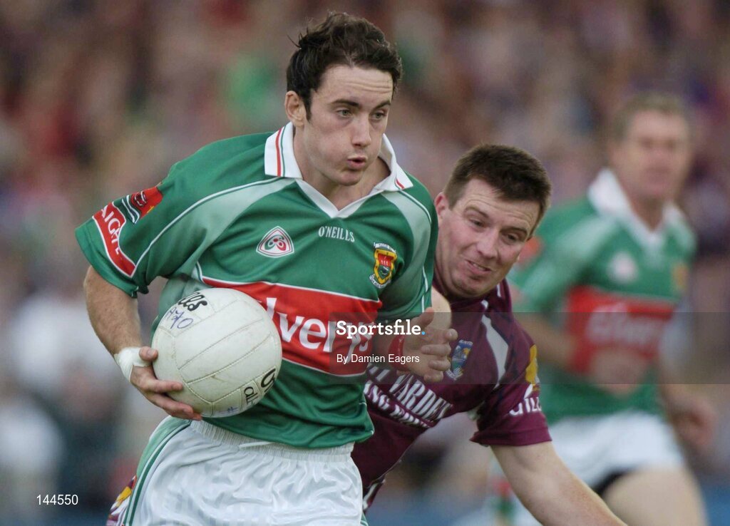 27 June 2004; Conor Moran, Mayo, in action against Tommy Joyce, Galway. Bank of Ireland Connacht Senior Football Championship Semi-Final, Mayo v Galway, McHale Park, Castlebar, Co. Mayo. Picture credit; Damien Eagers / SPORTSFILE
